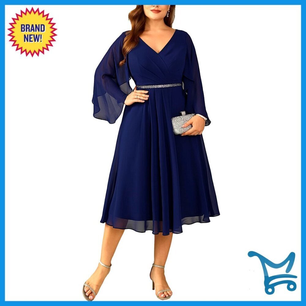 Elegant Formal Evening Dress V Neck Chiffon Midi Plus Size Mother of Bride